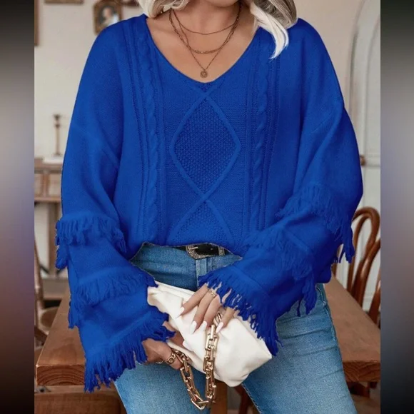 Plus size cozy fringe detail cable knit sweater top